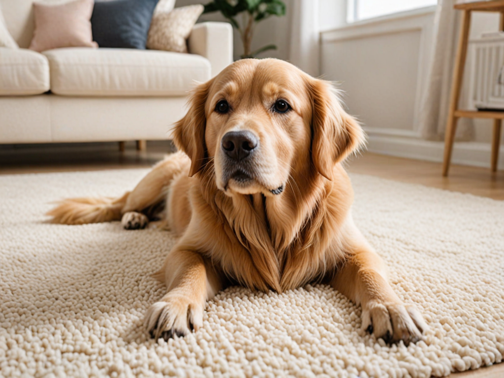 Dog resting on clean carpet